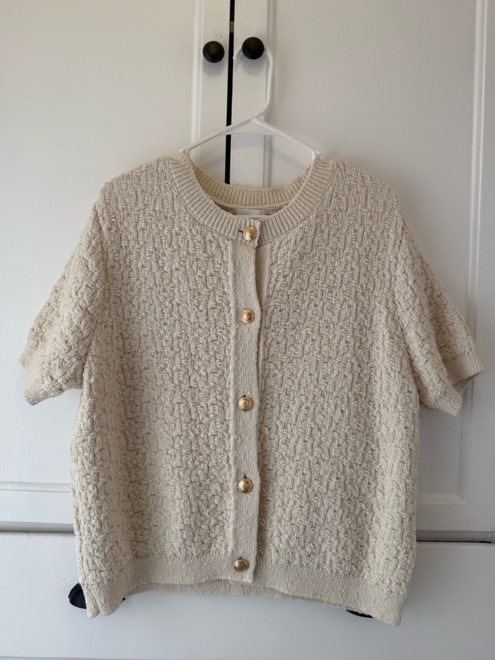 H&M Cream Textured Short-Sleeve Knit Cardigan Sweater